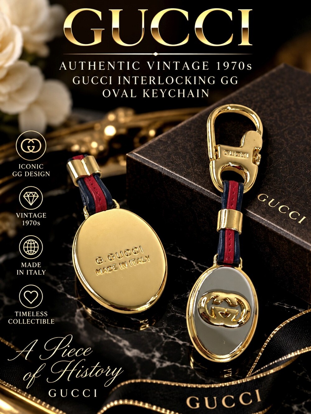 Vintage 1970s Gucci Interlocking GG Sylvie Web Keychain Bag Charm